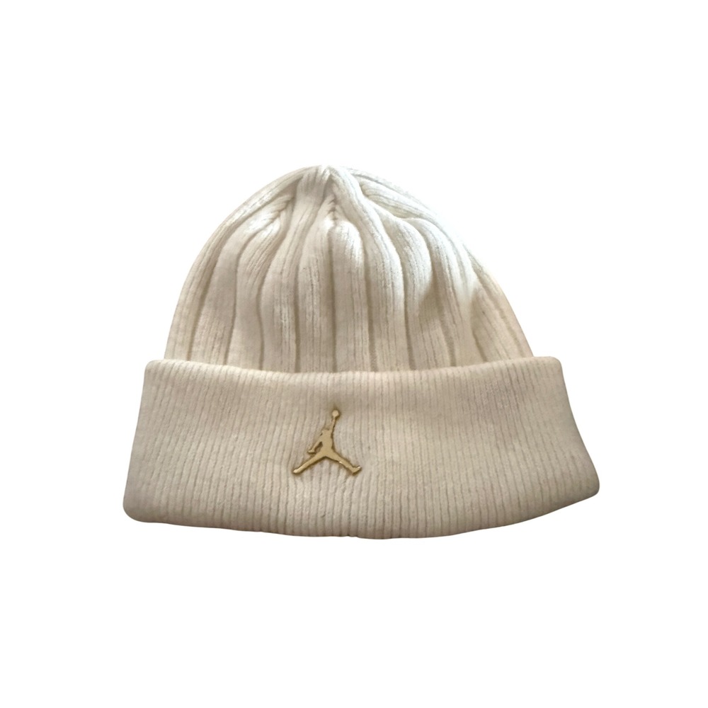 Jordan Women Sail White Ribbed Knit Beanie Gold Metal Jumpman Logo Hat One Size